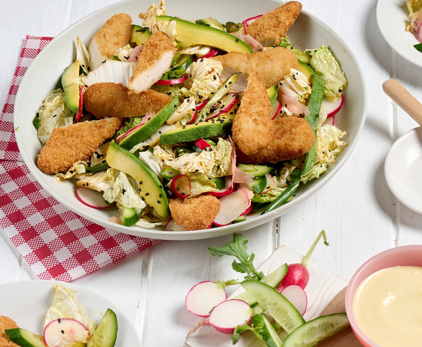 Asian Cabbage Salad with Chicken Tenders and Dipping Sauces